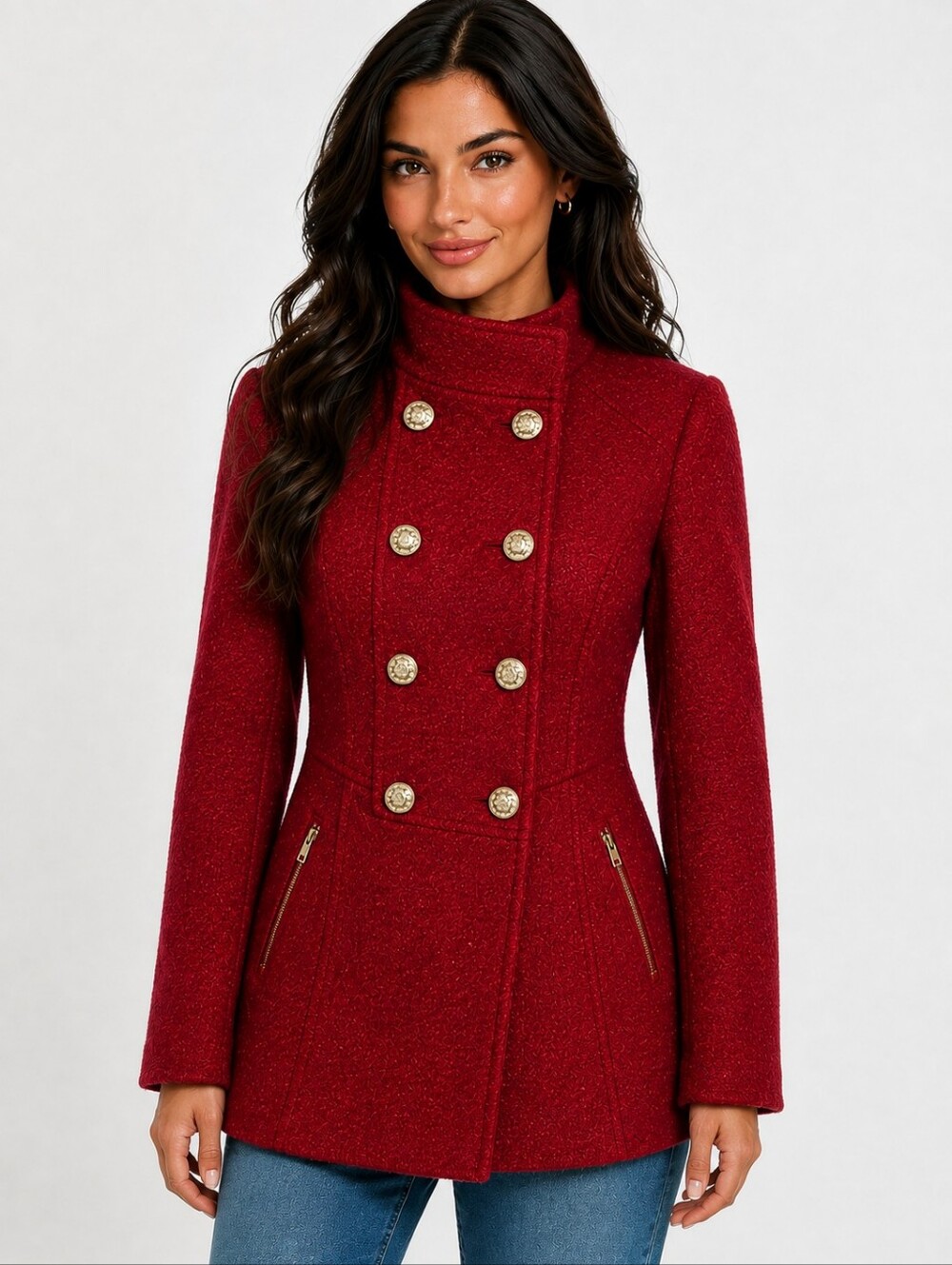 Guess Peacoat Red Boucle Cranberry Gold Buttons XS